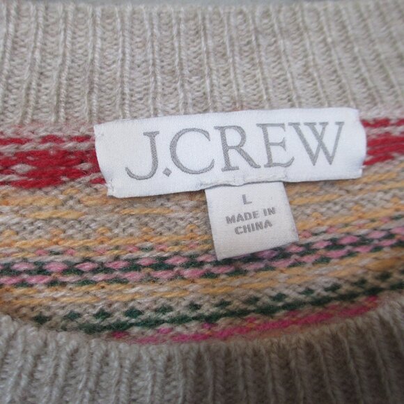 J. CREW Puff-Sleeve Fair Isle Crewneck Sweater Cherry Print Tan Pink Sz Large - Picture 8 of 12
